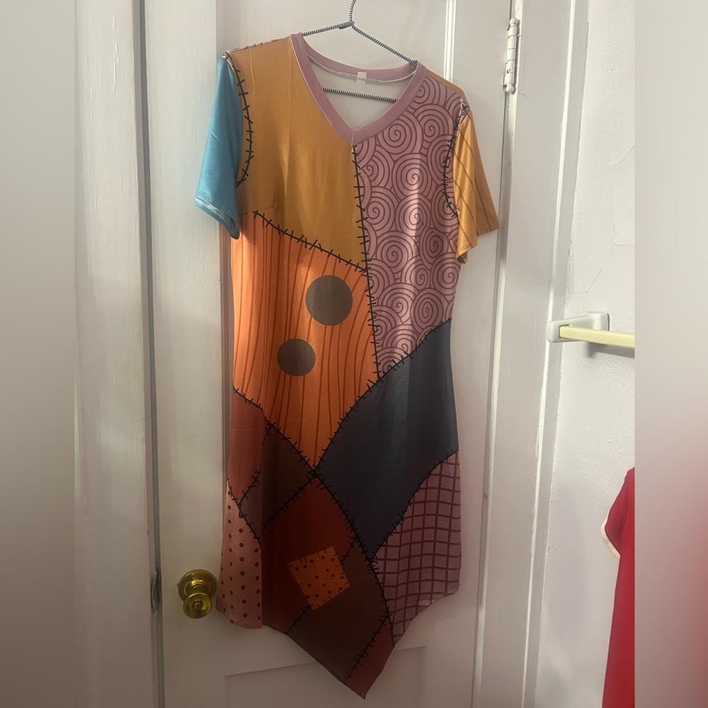 Sally Nightmare Before Christmas Patchwork V-Neck Women’s Dress Multicolor XL